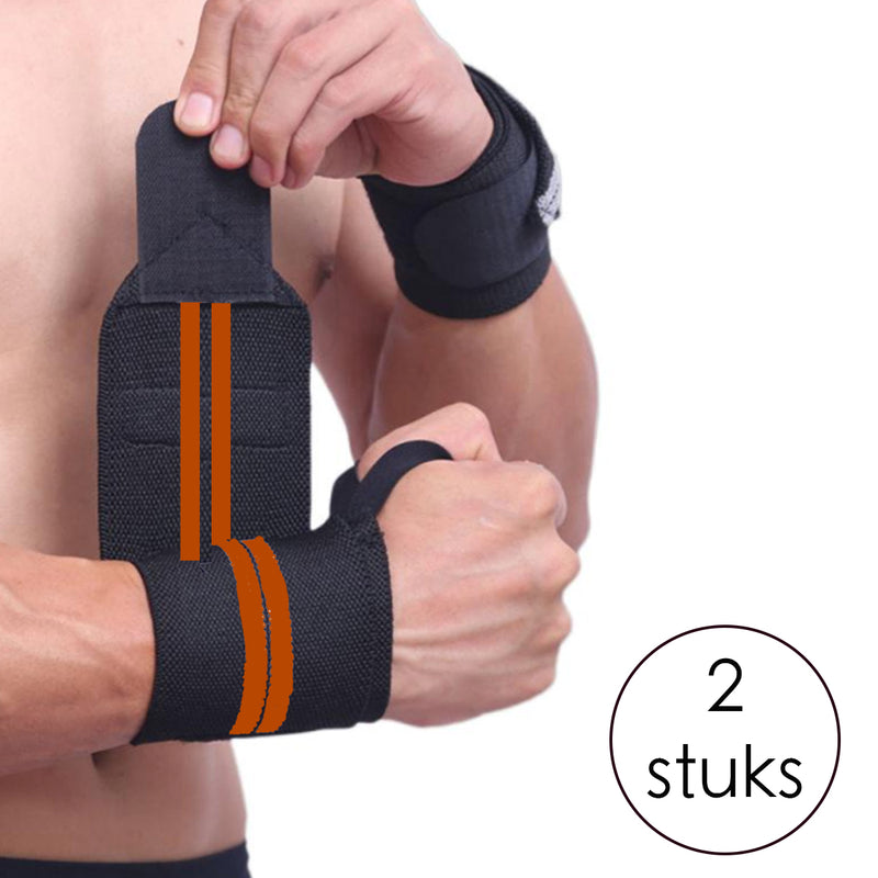 Fitness / Crossfit Polsband - 2 stuks - Oranje / Zwart - Polsbandage Wrist Support Wraps - Pols Bandage Band - Bodybuilding Support - Gewichthef Straps - Krachttraining Lifting Workout Straps
