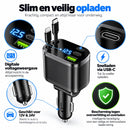5-in-1 Autolader – USB-C & Lightning Kabel Ingebouwd – 2x USB-C + USB-A – 12V/24V – Digitale Spanningsmeter – Autolader 