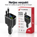 5-in-1 Autolader – USB-C & Lightning Kabel Ingebouwd – 2x USB-C + USB-A – 12V/24V – Digitale Spanningsmeter – Autolader 