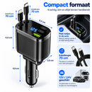 5-in-1 Autolader – USB-C & Lightning Kabel Ingebouwd – 2x USB-C + USB-A – 12V/24V – Digitale Spanningsmeter – Autolader 