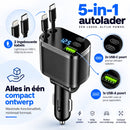 5-in-1 Autolader – USB-C & Lightning Kabel Ingebouwd – 2x USB-C + USB-A – 12V/24V – Digitale Spanningsmeter – Autolader 