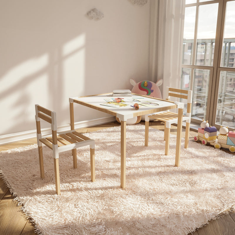 FixWood Kinder Tafel- en Stoelenset – Natuurlijk Hout & Kunststof – Duurzaam Speel- en Leermeubel – 3-delig (1 Tafel + 2 Stoelen)