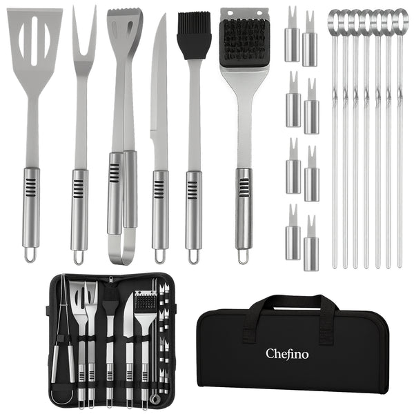 Chefino BBQ Accessoires Set – 21-delig BBQ Pakket – Compleet RVS Barbecue Accessoires met Draagtas – Roestvrijstaal Kamado Accessoires