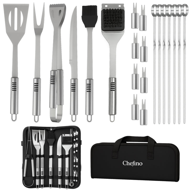 Chefino BBQ Accessoires Set – 21-delig BBQ Pakket – Compleet RVS Barbecue Accessoires met Draagtas – Roestvrijstaal Kamado Accessoires