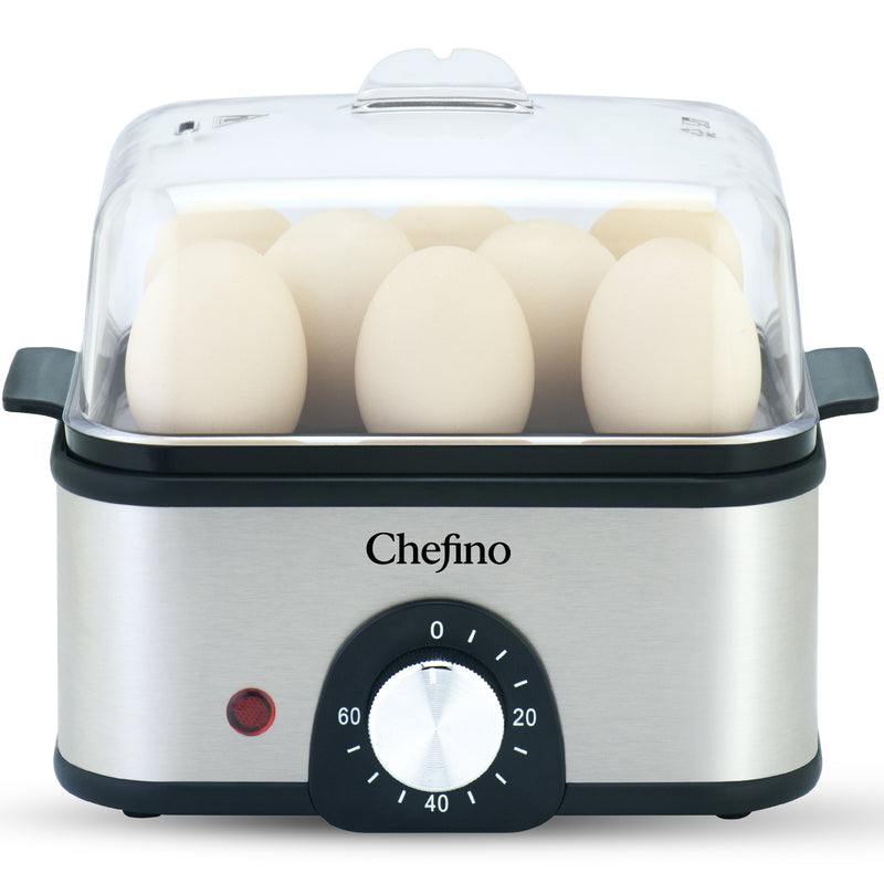 Chefino Eierkoker – Elektrisch – 8 Eieren – RVS – BPA-vrij – Timer & Automatische Uitschakeling – Inclusief Maatbeker met Eierprikker & Pochéerschaal – Anti-oververhitting – Zilver/Zwart