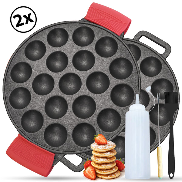 Chefino 2-delige gietijzeren poffertjespan set – 38 poffertjes tegelijk – inclusief doseerfles, vork, bakkwast en siliconen handgrepen – geschikt voor alle warmtebronnen (gas, inductie, oven, keramisch, elektrisch)