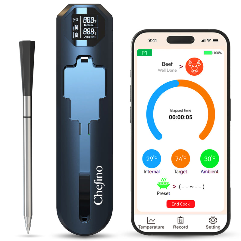 Chefino Slimme Draadloze Vleesthermometer – Bluetooth 5.3 BBQ Thermometer met App – Digitale Kernthermometer voor Grillen, Braden, Oven, Inductie en BBQ – Tot 250m Bereik