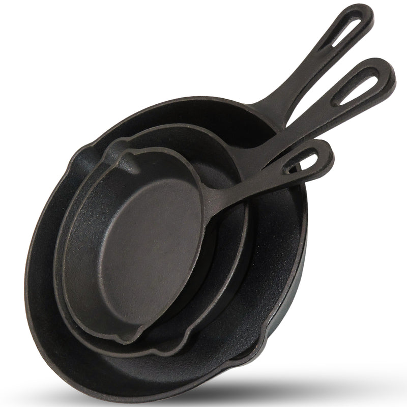 Chefino Gietijzeren Pannenset – 3-delige Skillet Set – Pannenset Inductie – Gietijzeren Pan voor BBQ, Oven en Fornuis – PFAS-vrij en Krasbestendig