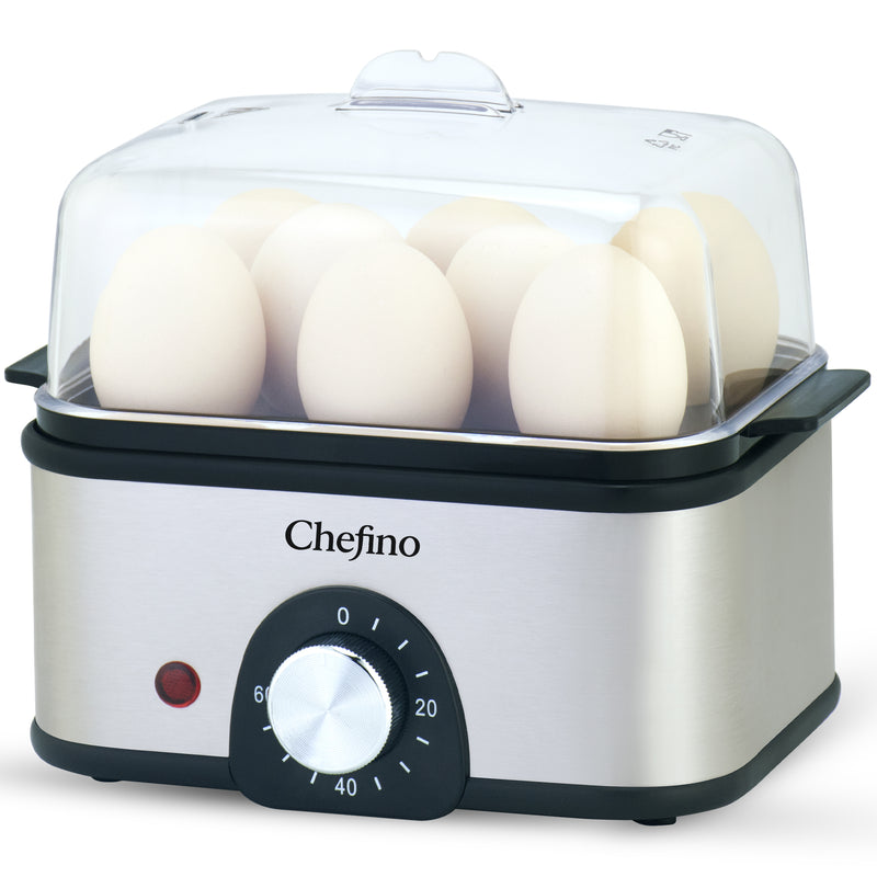 Chefino Eierkoker – Elektrisch – 8 Eieren – RVS – BPA-vrij – Timer & Automatische Uitschakeling – Inclusief Maatbeker met Eierprikker & Pochéerschaal – Anti-oververhitting – Zilver/Zwart