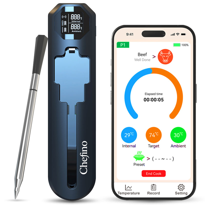Chefino Slimme Draadloze Vleesthermometer – Bluetooth 5.3 BBQ Thermometer met App – Digitale Kernthermometer voor Grillen, Braden, Oven, Inductie en BBQ – Tot 250m Bereik