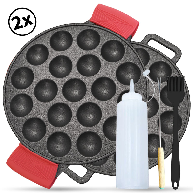 Chefino 2-delige gietijzeren poffertjespan set – 38 poffertjes tegelijk – inclusief doseerfles, vork, bakkwast en siliconen handgrepen – geschikt voor alle warmtebronnen (gas, inductie, oven, keramisch, elektrisch)