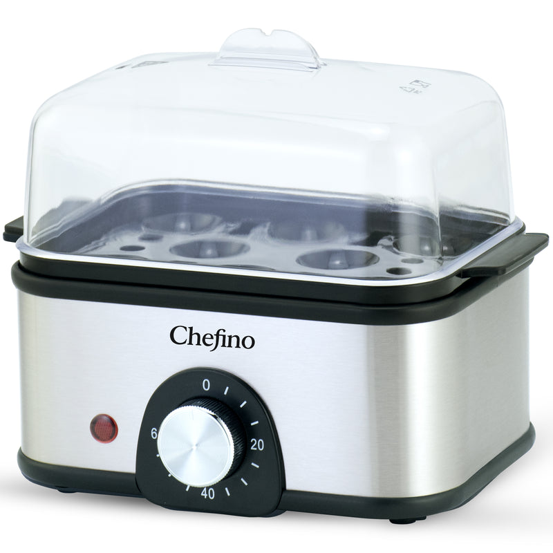 Chefino Eierkoker – Elektrisch – 8 Eieren – RVS – BPA-vrij – Timer & Automatische Uitschakeling – Inclusief Maatbeker met Eierprikker & Pochéerschaal – Anti-oververhitting – Zilver/Zwart