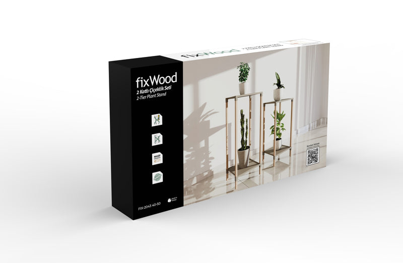 FixWood 2-Tier Plantenstandaard – Set van 2 Bloemenrekken – Houten Bloemenstandaard voor Binnen & Buiten – Decoratieve Plantentafel – 50 & 60 cm Hoog – Beige/Natuur