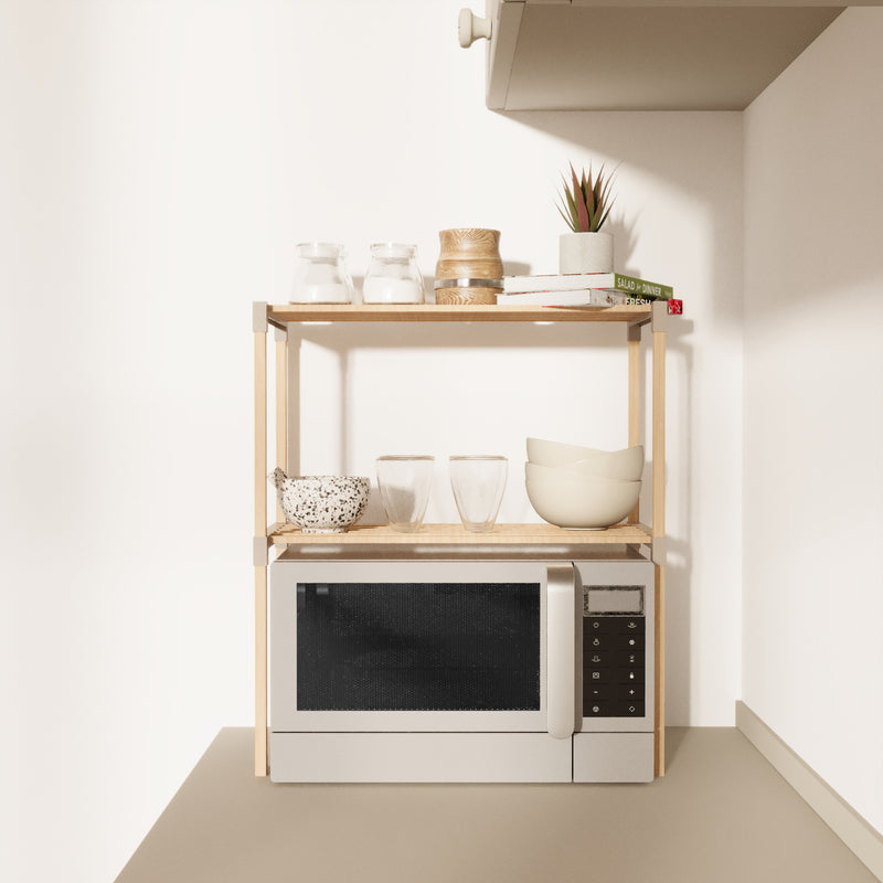 FixWood 2-laags Ovenrek – Keukenrek van Hout en Kunststof – Magnetron Rek – 58x34x63 cm – Multifunctioneel Opslagrek – Extra Werk- & Opbergruimte