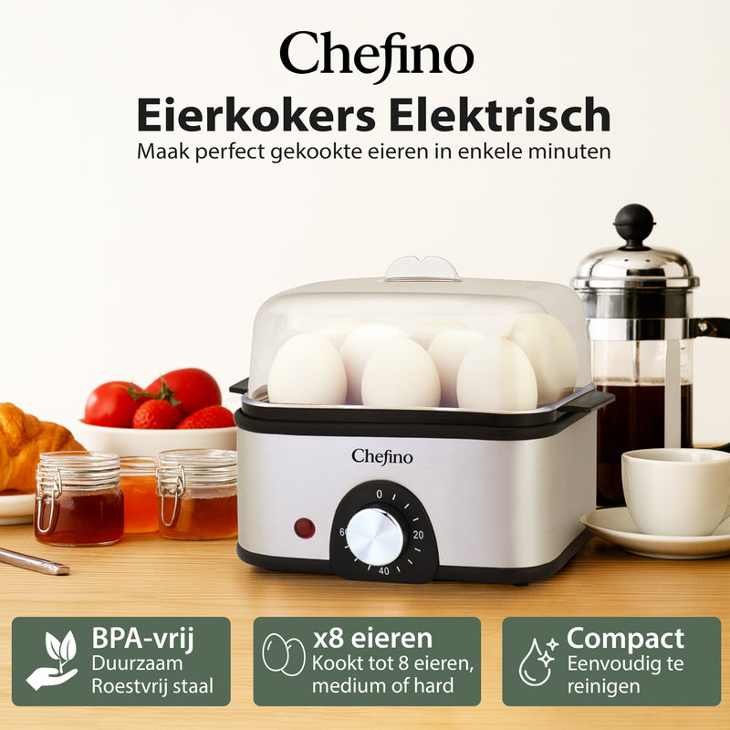 Chefino Eierkoker – Elektrisch – 8 Eieren – RVS – BPA-vrij – Timer & Automatische Uitschakeling – Inclusief Maatbeker met Eierprikker & Pochéerschaal – Anti-oververhitting – Zilver/Zwart