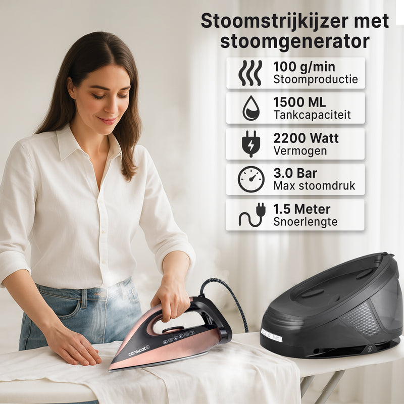 Carewat Stoomstrijkijzer met Stoomgenerator - Goud - 2200W - 1.5L Uitneembare Watertank - 100 g/min Stoomproductie - Keramische Zoolplaat - 3.0 Bar Stoomdruk - Anti-Oververhitting - Geschikt voor alle stoffen