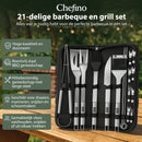 Chefino BBQ Accessoires Set – 21-delig BBQ Pakket – Compleet RVS Barbecue Accessoires met Draagtas – Roestvrijstaal Kamado Accessoires
