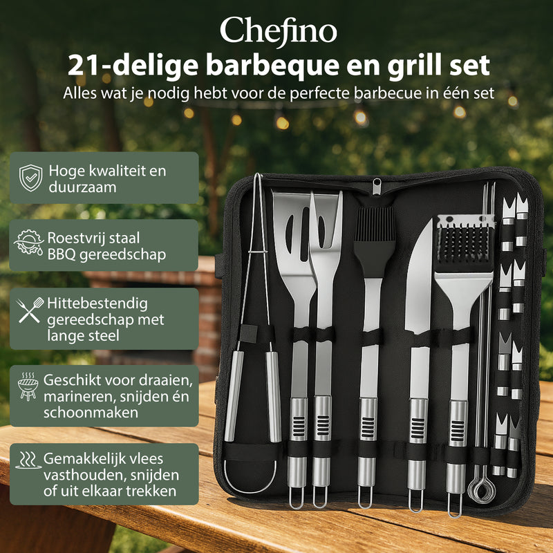 Chefino BBQ Accessoires Set – 21-delig BBQ Pakket – Compleet RVS Barbecue Accessoires met Draagtas – Roestvrijstaal Kamado Accessoires