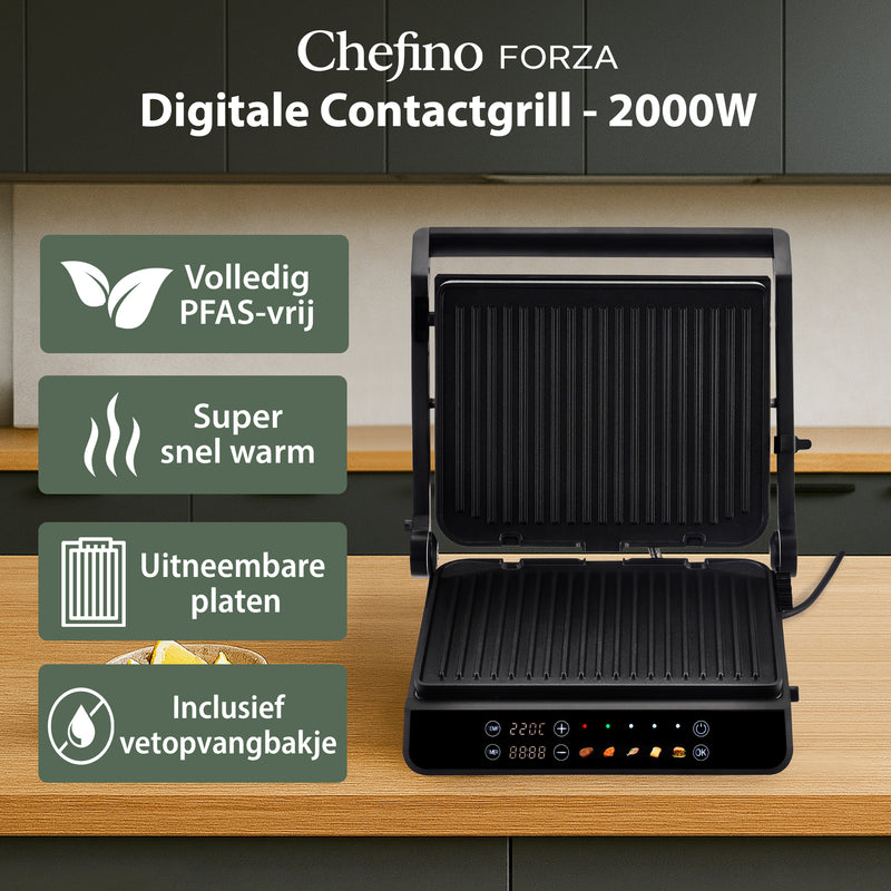 Chefino Forza Digitale Contactgrill - XL - 2000W - PFAS-vrij, uitneembare platen & 5 kookstanden - Groot Formaat - Tosti ijzer - Panini maken - Grill Apparaat - 180 graden uitklapbaar - Tosti Apparaat