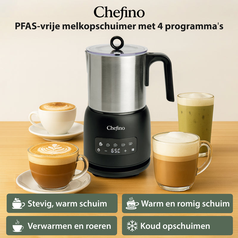 Chefino Melkopschuimer – PFAS-vrij & RVS – 4 Programma’s – Warm & Koud Opschuimen – 300 ml – 550 W – Automatische Uitschakeling – Vaatwasserbestendig – Zwart/Zilver