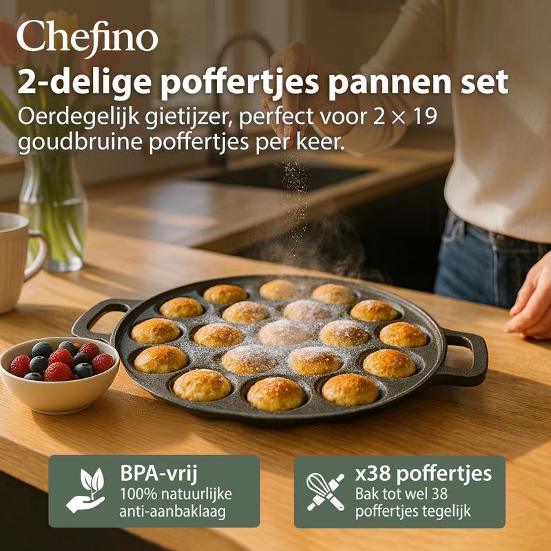 Chefino 2-delige gietijzeren poffertjespan set – 38 poffertjes tegelijk – inclusief doseerfles, vork, bakkwast en siliconen handgrepen – geschikt voor alle warmtebronnen (gas, inductie, oven, keramisch, elektrisch)