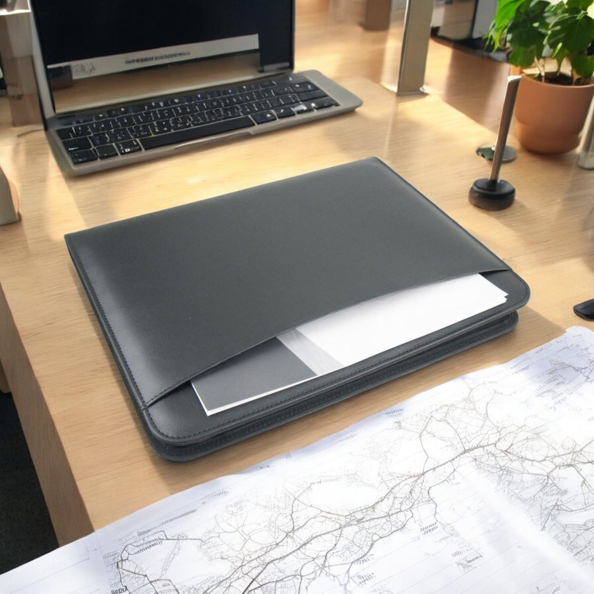 Vebon® Rome Schrijfmap A4 Groot I Dubbele Rits Klembord I Conferentiemap Laptoptas I Extra Opbergruimte I Zwart Kunstleer (Saffier Blauw