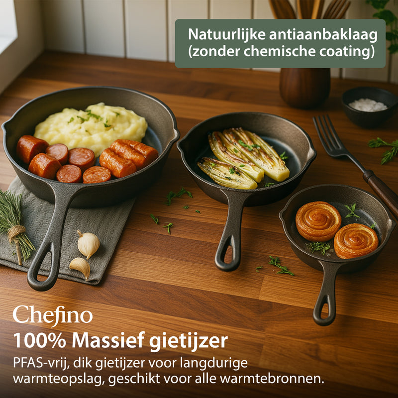 Chefino Gietijzeren Pannenset – 3-delige Skillet Set – Pannenset Inductie – Gietijzeren Pan voor BBQ, Oven en Fornuis – PFAS-vrij en Krasbestendig