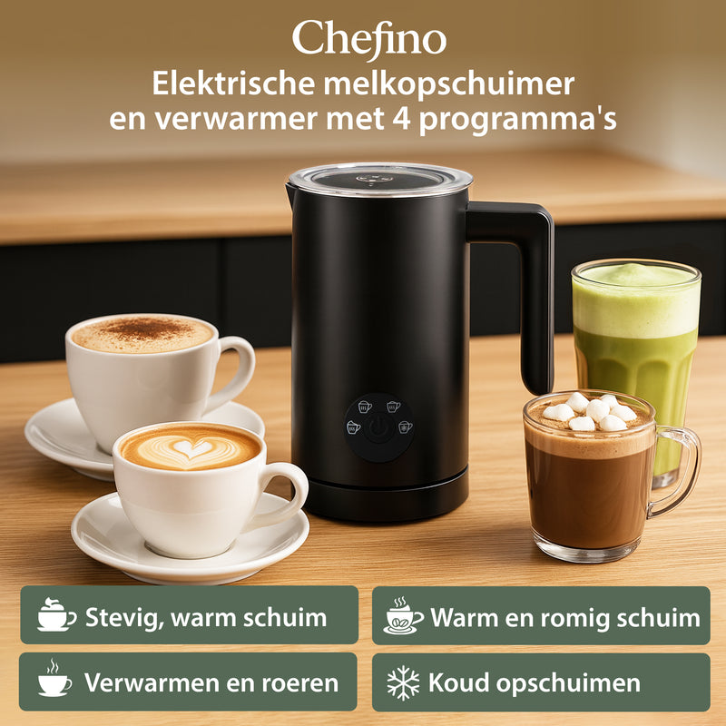 Melkopschuimer Elektrisch – Zwart – 4 Programma’s – Melkverwarmer en Melkklopper Electrisch – Perfect voor Cappuccino, Latte Macchiato en Chocomel