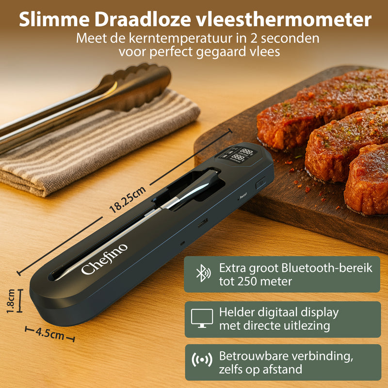 Chefino Slimme Draadloze Vleesthermometer – Bluetooth 5.3 BBQ Thermometer met App – Digitale Kernthermometer voor Grillen, Braden, Oven, Inductie en BBQ – Tot 250m Bereik