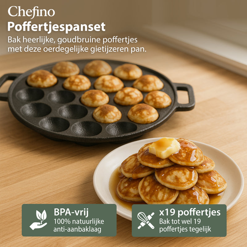 Chefino Poffertjespan Gietijzer 24 cm – 19 Poffertjes Tegelijk – Geschikt voor Gas, Inductie, Keramisch en Oven – BPA-vrij, Anti-aanbaklaag