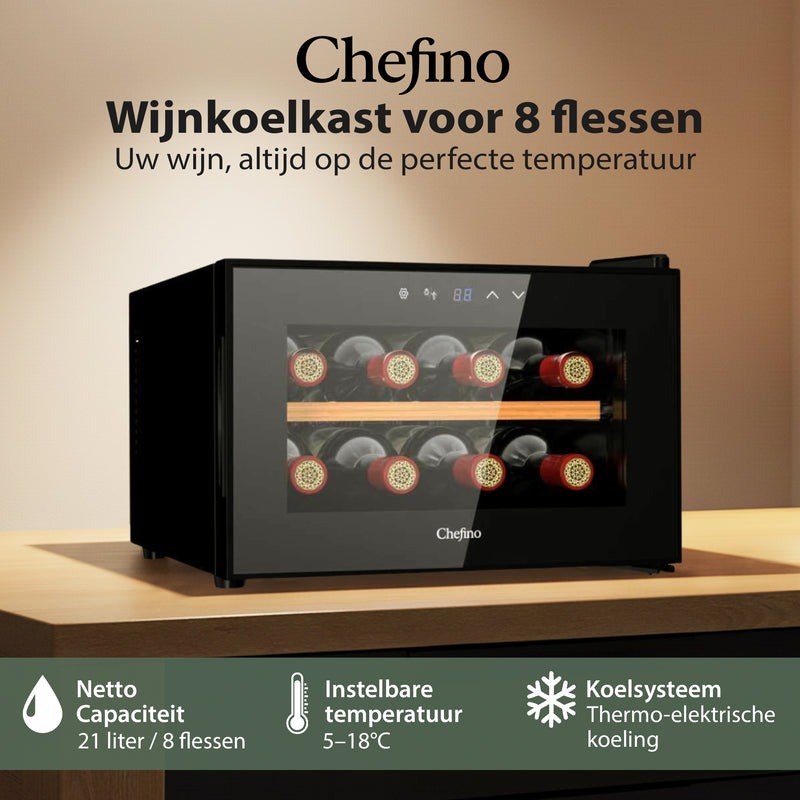Wijnkoelkast - Wijn Klimaatkast voor 8 Flessen - Zwart - Instelbare Temperatuur van 5°C tot 18°C - Wijnkoelkast Liggend - Liggende Wijnkoeler