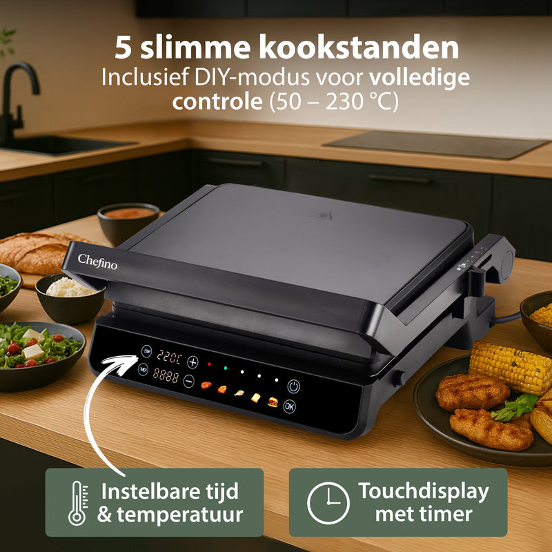 Chefino Forza Digitale Contactgrill - XL - 2000W - PFAS-vrij, uitneembare platen & 5 kookstanden - Groot Formaat - Tosti ijzer - Panini maken - Grill Apparaat - 180 graden uitklapbaar - Tosti Apparaat