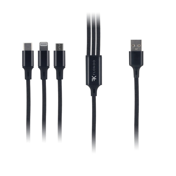 FLOKOO 3-in-1 USB Kabel – 1 meter – Snelladen & Dataoverdracht – USB naar USB-C / Micro-USB / Lightning – Nylon Gevlochten – Zwart