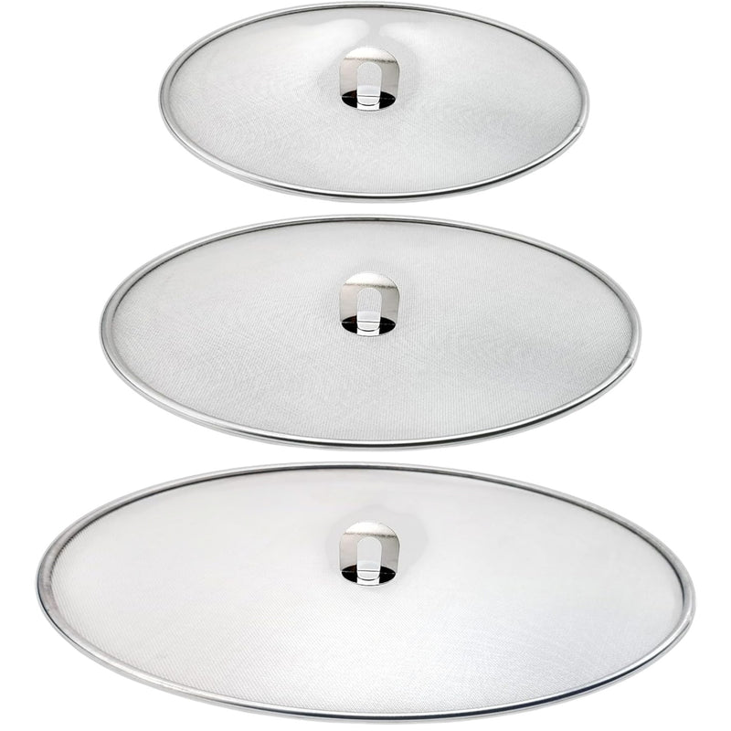 RVS Antispatdeksel Set van 3 – Ø20 / Ø25 / Ø30 cm – Spatdeksel voor Pan – Fijne Antispat Zeef – Vetbeschermer voor Bakken & Braden – Vaatwasserbestendig – Universeel Formaat