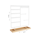 Sieradenhouder Wit met Houten Bodem – Organizer voor Kettingen, Oorbellen en Armbanden – Met Haakjes, Gaatjes en Opbergvakjes – 36,8 x 29 cm