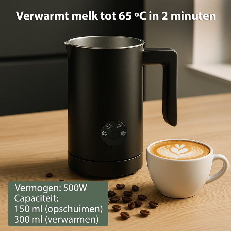 Melkopschuimer Elektrisch – Zwart – 4 Programma’s – Melkverwarmer en Melkklopper Electrisch – Perfect voor Cappuccino, Latte Macchiato en Chocomel