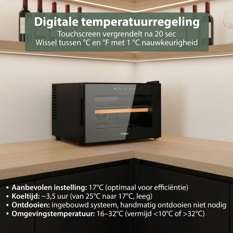 Wijnkoelkast - Wijn Klimaatkast voor 8 Flessen - Zwart - Instelbare Temperatuur van 5°C tot 18°C - Wijnkoelkast Liggend - Liggende Wijnkoeler