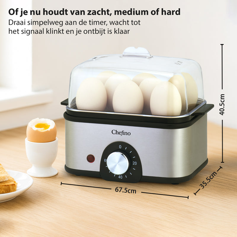 Chefino Eierkoker – Elektrisch – 8 Eieren – RVS – BPA-vrij – Timer & Automatische Uitschakeling – Inclusief Maatbeker met Eierprikker & Pochéerschaal – Anti-oververhitting – Zilver/Zwart