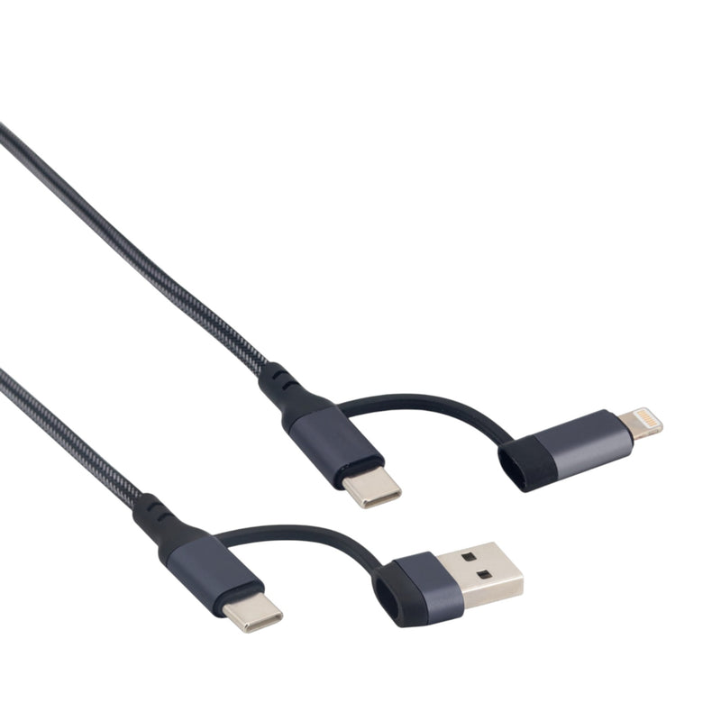 3-in-1 USB Kabel – 1 meter – Snelladen & Dataoverdracht – USB naar USB-C / Lightning – Nylon Gevlochten – Zwart