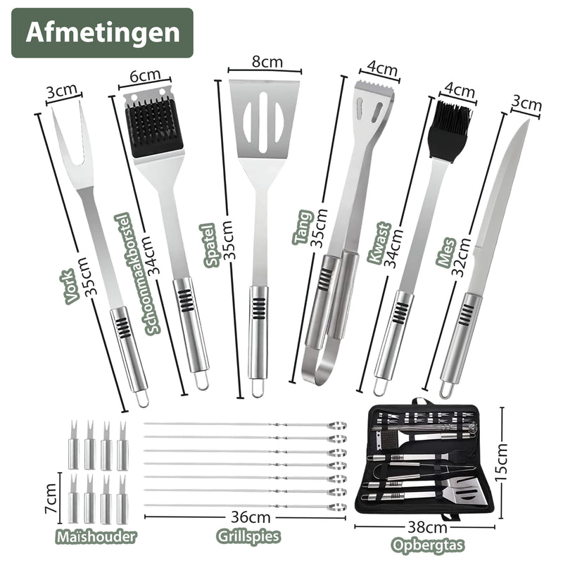 Chefino BBQ Accessoires Set – 21-delig BBQ Pakket – Compleet RVS Barbecue Accessoires met Draagtas – Roestvrijstaal Kamado Accessoires