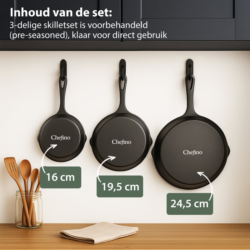 Chefino Gietijzeren Pannenset – 3-delige Skillet Set – Pannenset Inductie – Gietijzeren Pan voor BBQ, Oven en Fornuis – PFAS-vrij en Krasbestendig