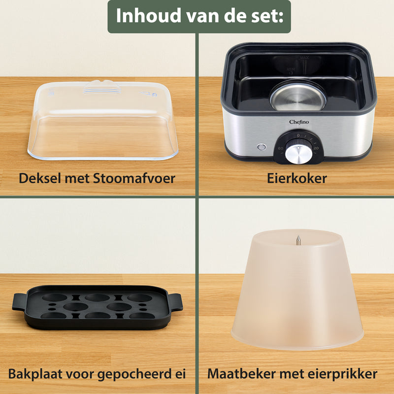 Chefino Eierkoker – Elektrisch – 8 Eieren – RVS – BPA-vrij – Timer & Automatische Uitschakeling – Inclusief Maatbeker met Eierprikker & Pochéerschaal – Anti-oververhitting – Zilver/Zwart