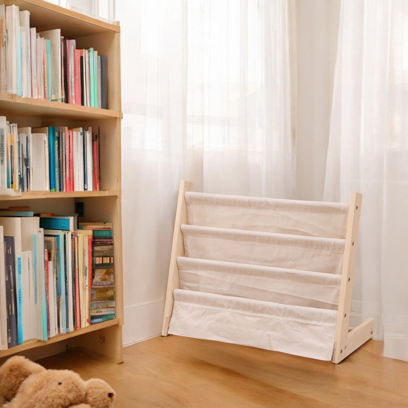 Bücherregal für Kinder – 60 x 50 x 30 cm – Braun – Holz mit Leinen – Bücherregal für Kinder – Bücherregal für Kinderzimmer