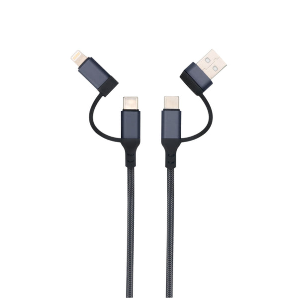 3-in-1 USB Kabel – 1 meter – Snelladen & Dataoverdracht – USB naar USB-C / Lightning – Nylon Gevlochten – Zwart