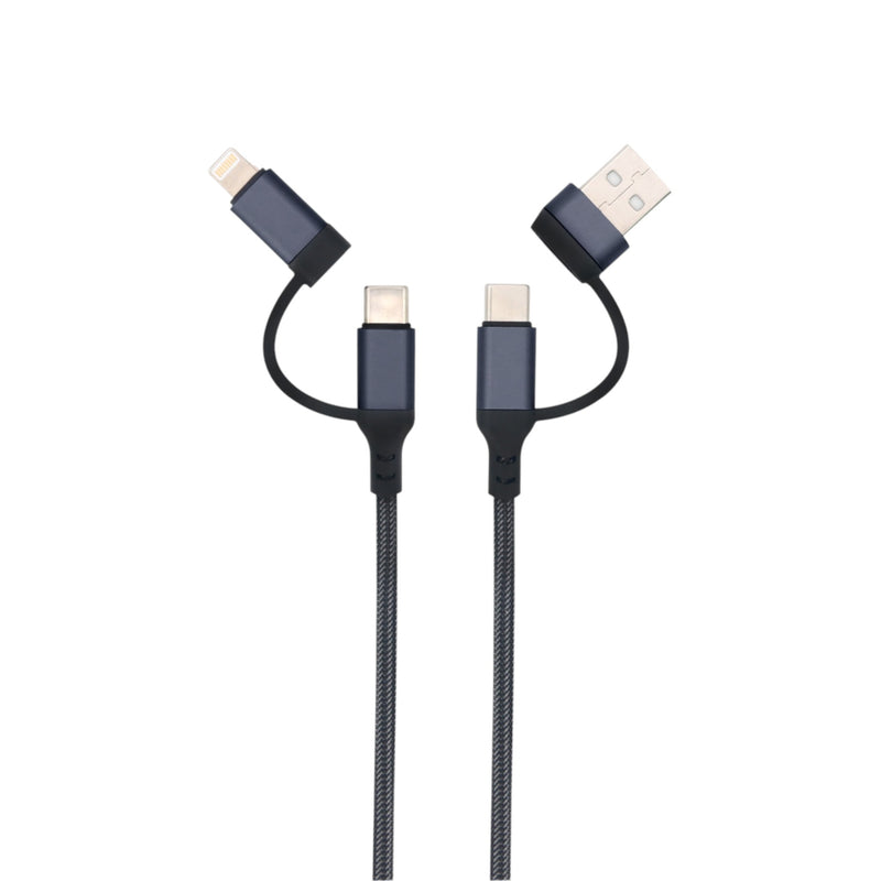 3-in-1 USB Kabel – 1 meter – Snelladen & Dataoverdracht – USB naar USB-C / Lightning – Nylon Gevlochten – Zwart