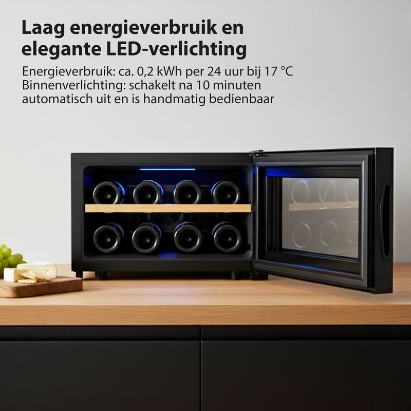 Wijnkoelkast - Wijn Klimaatkast voor 8 Flessen - Zwart - Instelbare Temperatuur van 5°C tot 18°C - Wijnkoelkast Liggend - Liggende Wijnkoeler