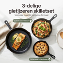 Gietijzeren Koekenpan Set 3-delig – Skillet Set Ø16, Ø19,5 & Ø24,5 cm –  Pre-seasoned Gietijzer – Geschikt voor Inductie, Gas, Oven & BBQ – Inclusief Siliconen Handgrepen