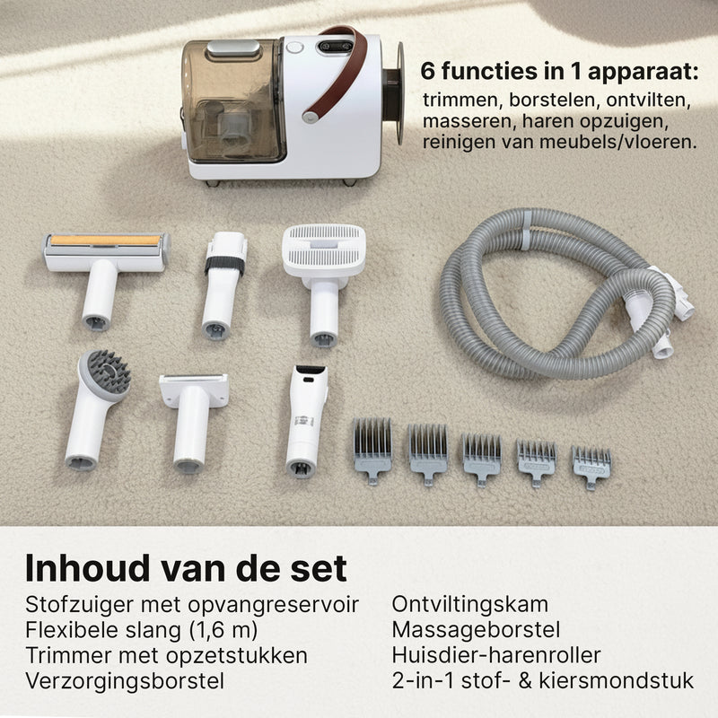 Carewat 6-in-1 Huisdier Stofzuiger en Trimmer Set – Professionele Hondentondeuse met Stofzuiger – Trimset Hond en Kat – Stil, Krachtig en Hygiënisch