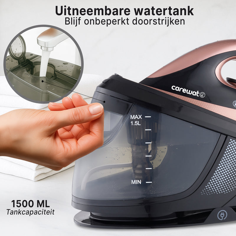 Carewat Stoomstrijkijzer met Stoomgenerator - Goud - 2200W - 1.5L Uitneembare Watertank - 100 g/min Stoomproductie - Keramische Zoolplaat - 3.0 Bar Stoomdruk - Anti-Oververhitting - Geschikt voor alle stoffen