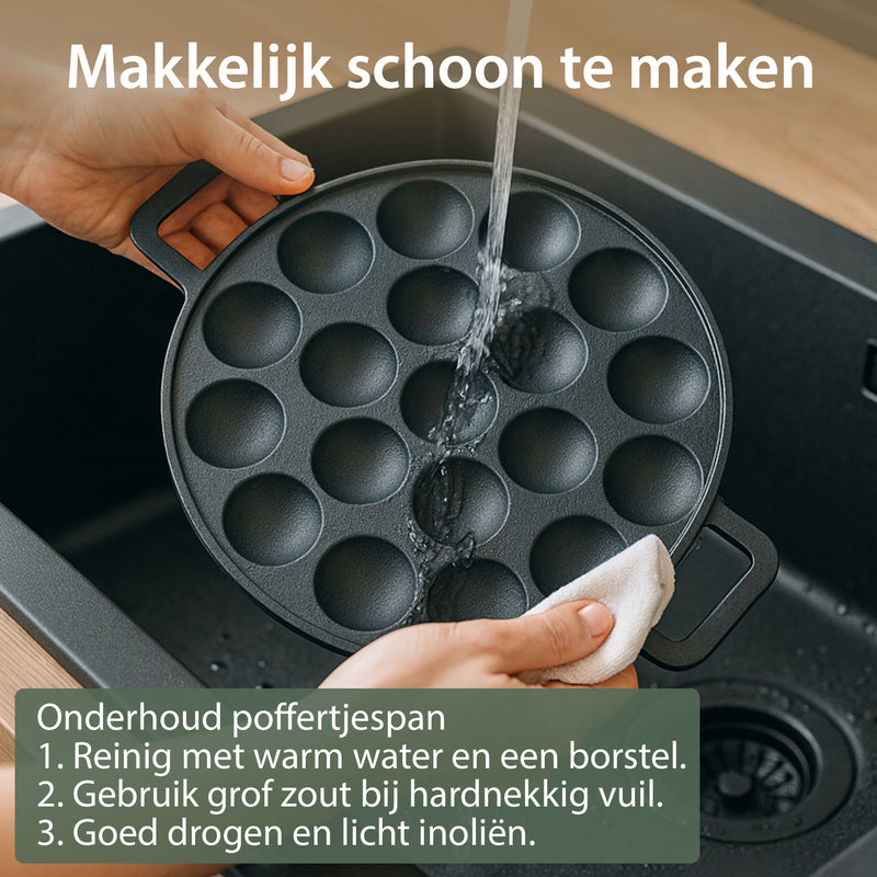 Chefino 2-delige gietijzeren poffertjespan set – 38 poffertjes tegelijk – inclusief doseerfles, vork, bakkwast en siliconen handgrepen – geschikt voor alle warmtebronnen (gas, inductie, oven, keramisch, elektrisch)